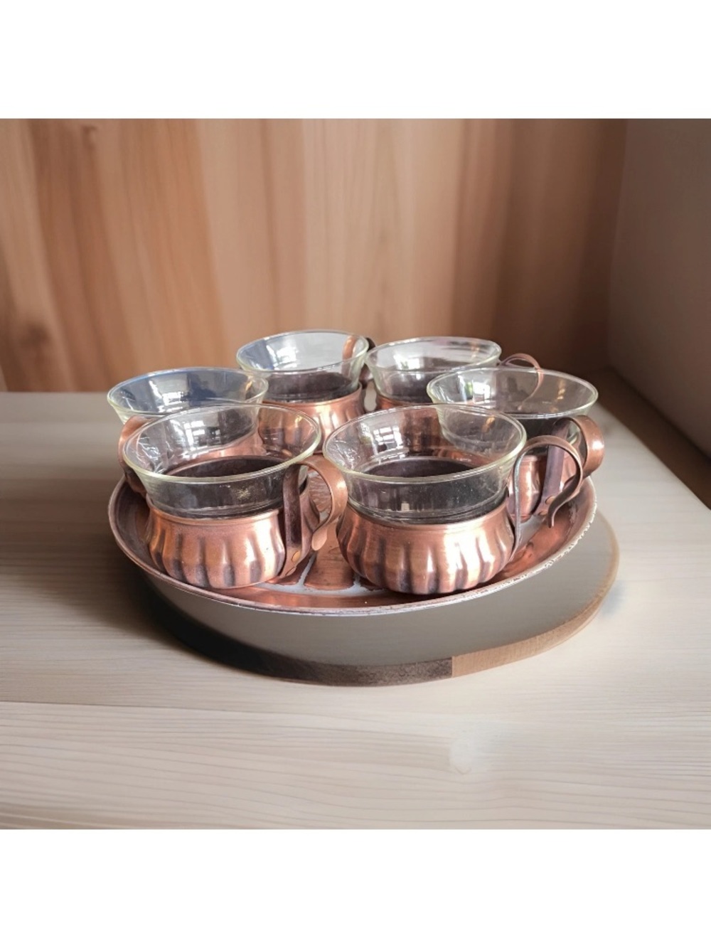 Vintage Copper Schott & Gen Mainz Jena Glass Cups And Tray Coffee Tea Set 6 MCM